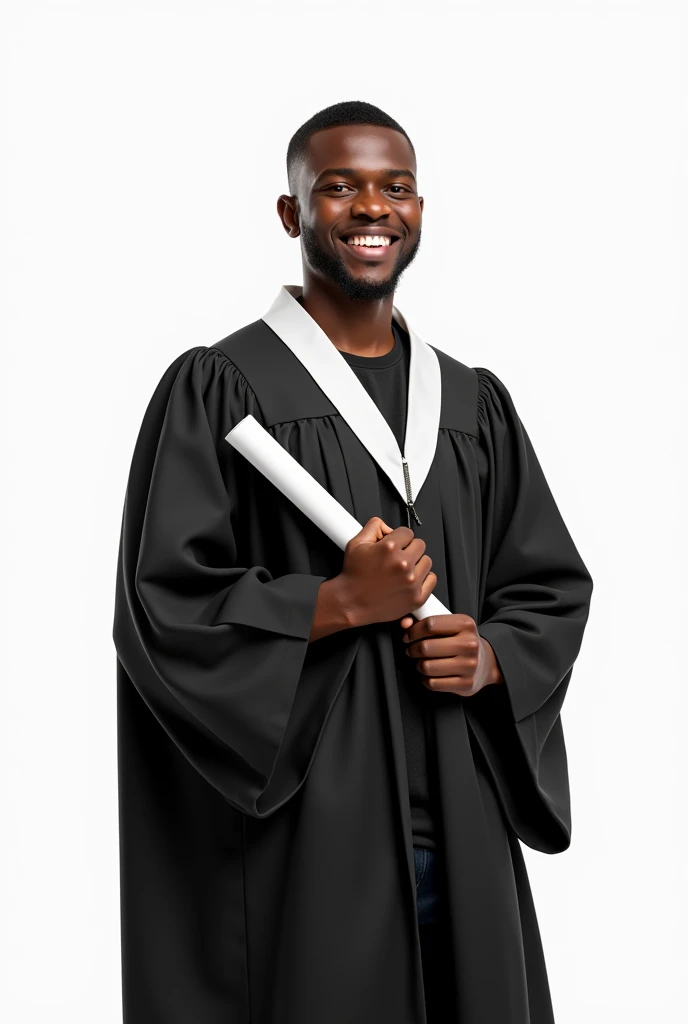 best qualityer:1.4), (ultra high resolution:1.2), (photorrealistic:1.4), (8k, CRU photo:1.2), a thin young man of 20 years old, skin black, with a smooth, beardless face, corte de cabelo buzzcurt. He is wearing a graduation gown. He has a diploma in his hand. He is in a white background