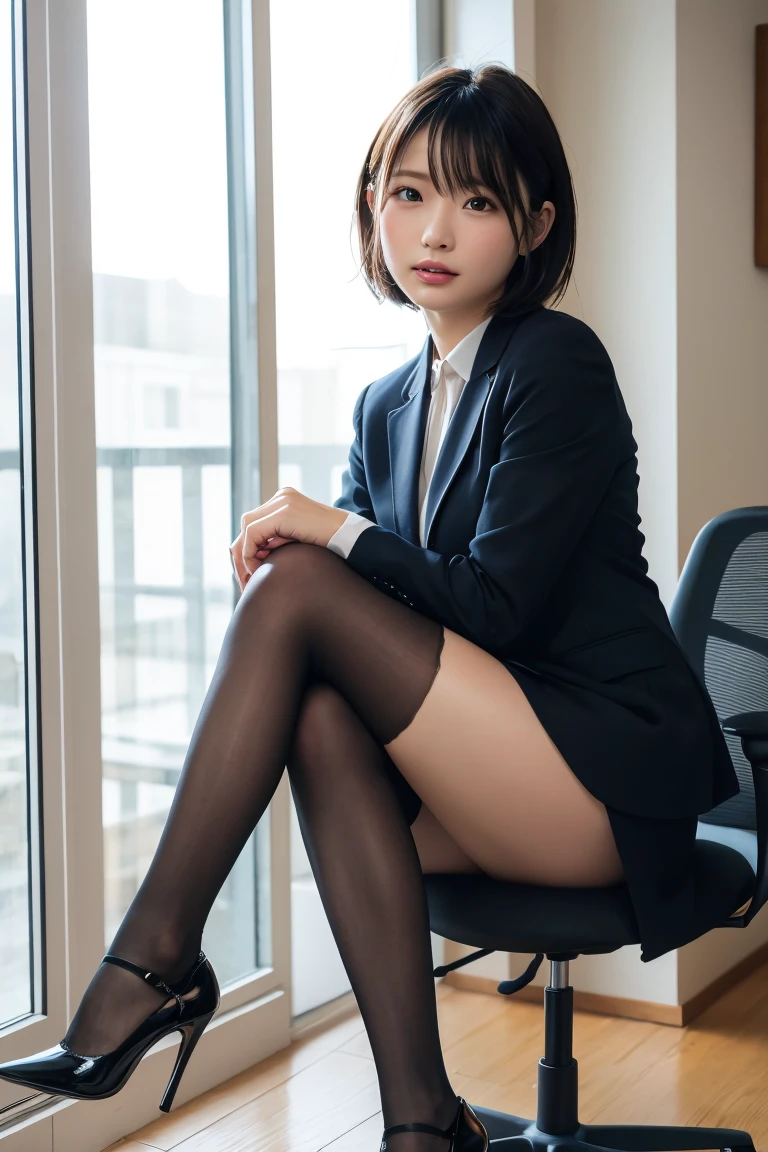 Office, beauty sitting a japanese woman in chair, short hair, beautiful legs, high heels, brown pantyhose, mini skirt suit