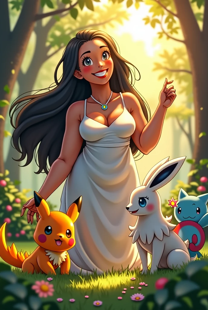 CRIAR UMA ARTE DE ANIVERSÁRIO DE UMA MULHER BRANCA E CABELOS NEGROS, OVERWEIGHT, DO SIGNO DE LEÃO, NA NATUREZA E QUE GOSTA DE POKEMONS COMO SNORLAX BRILHANTE, VOLCARONA BRILHANTE, typhlosion BRILHANTE E BLISSEY, golden hour lighting, highly detailed, cinematic, photorealistic, 4K, HDR, (best quality, 4k, 8k, highres, masterpiece:1.2), ultra-detailed, (realistic, photorealistic, photo-realistic:1.37), beautiful detailed eyes, beautiful detailed lips, extremely detailed eyes and face, long eyelashes, naturalistic, vibrant colors, soft lighting, whimsical, magical realism

