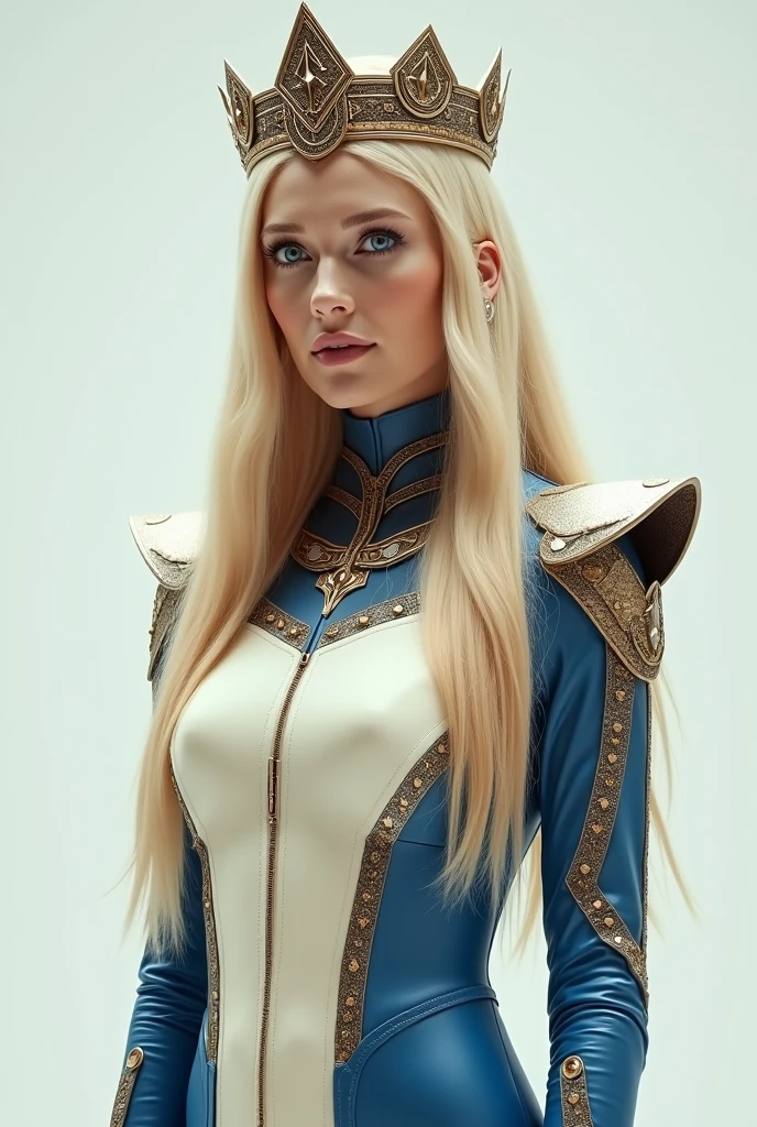 official portrait, full view of a queen, a 30 years old woman, very long blond hair, blue eyes, slim, she wears a futurist cream and blue dress made from a mix of printed circuit board alloy and leather fabric, futurist crown, no background