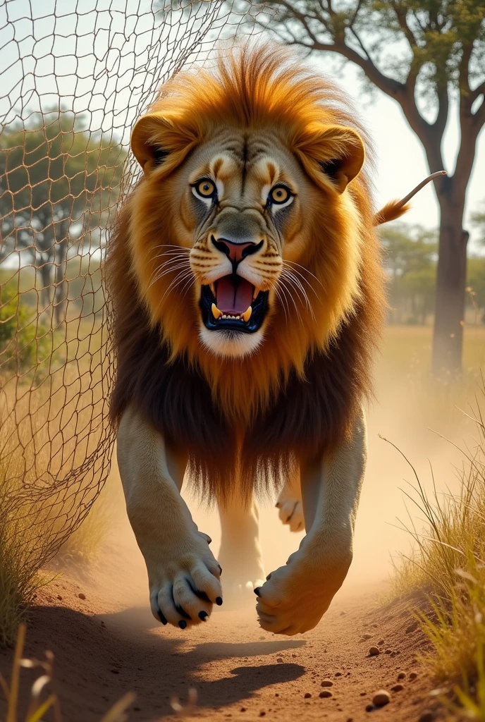 A lion falling into a net with a surprised and scared face