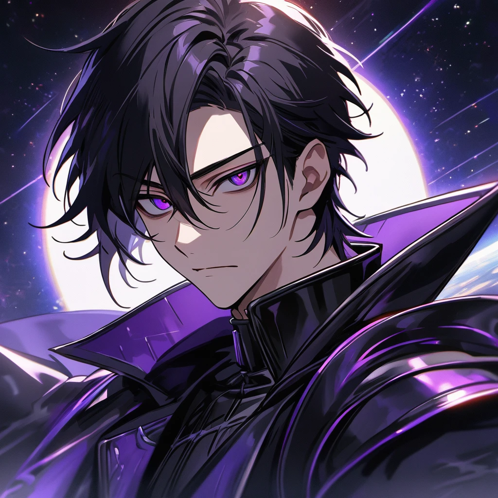 High quality, HD, 4k, no shadows, handsome male, handsome, extremly handsome, 1male, 1 male, ager, pure black hair, short black hair, dark hair, black hair, jet black hair, sharp eyes, deep purple colored eyes, dark purple colored eyes, deep violet eyes, violet eyes, devil may cry, close up, calm expression, stoic expression, black leather clothes, black leather clothing, leather clothing, lean body, well trained body, upper body, looking at viewer, cowboy shot, white solar, space background