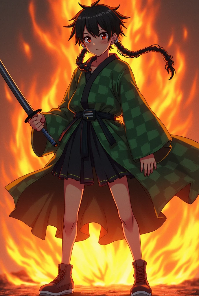 Demon Slayer live-action version。
There is a crack in the double tooth。
Behind him is a flame aura。
Standing with a sword。Thin legs。
The jacket is a two-tone green and black check pattern.。
Wearing tabi socks.。
Bruise on left forehead。
Rectangular earrings on both ears。