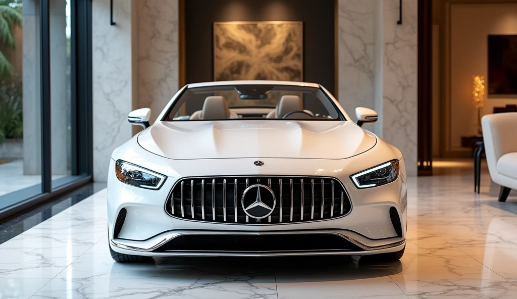A close-up view of the luxury bumper on the 2025 Mercedes-Maybach SL Mythos Series convertible, in a glossy white color, showcased in an upscale showroom. The bumper features a sophisticated design with refined chrome accents and a sleek, aerodynamic shape that complements the car's opulent appearance. The glossy white finish enhances the bumper’s elegant lines and premium detailing. The showroom’s polished marble floors and expansive glass walls allow natural light to illuminate the scene, while ambient lighting highlights the bumper’s luxurious features. The stylish decor, including plush seating and contemporary art pieces, creates a lavish backdrop that emphasizes the Mercedes-Maybach SL Mythos Series’ advanced design and luxury.