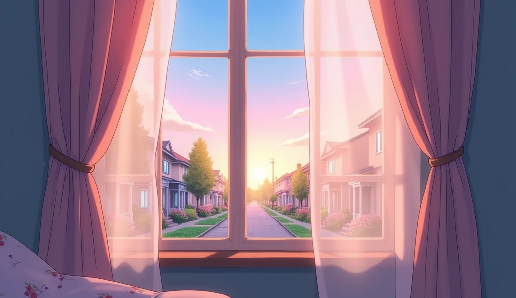 Close-up of the exterior of a curtained bedroom window。The setting is a quiet suburban residential area at dawn.。. Looks like an anime
