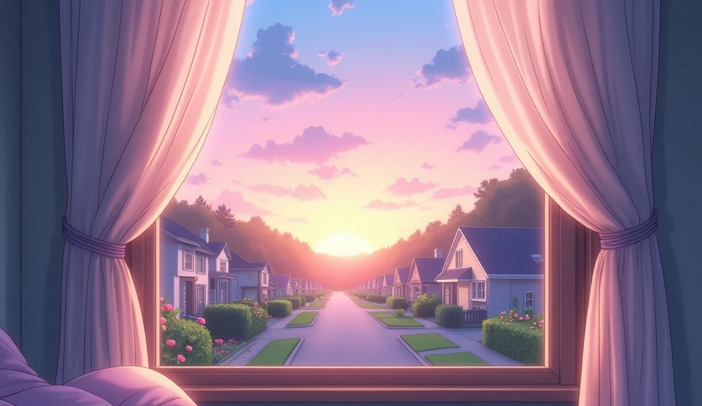 Close-up of the exterior of a curtained bedroom window。The setting is a quiet suburban residential area at dawn.。. Looks like an anime