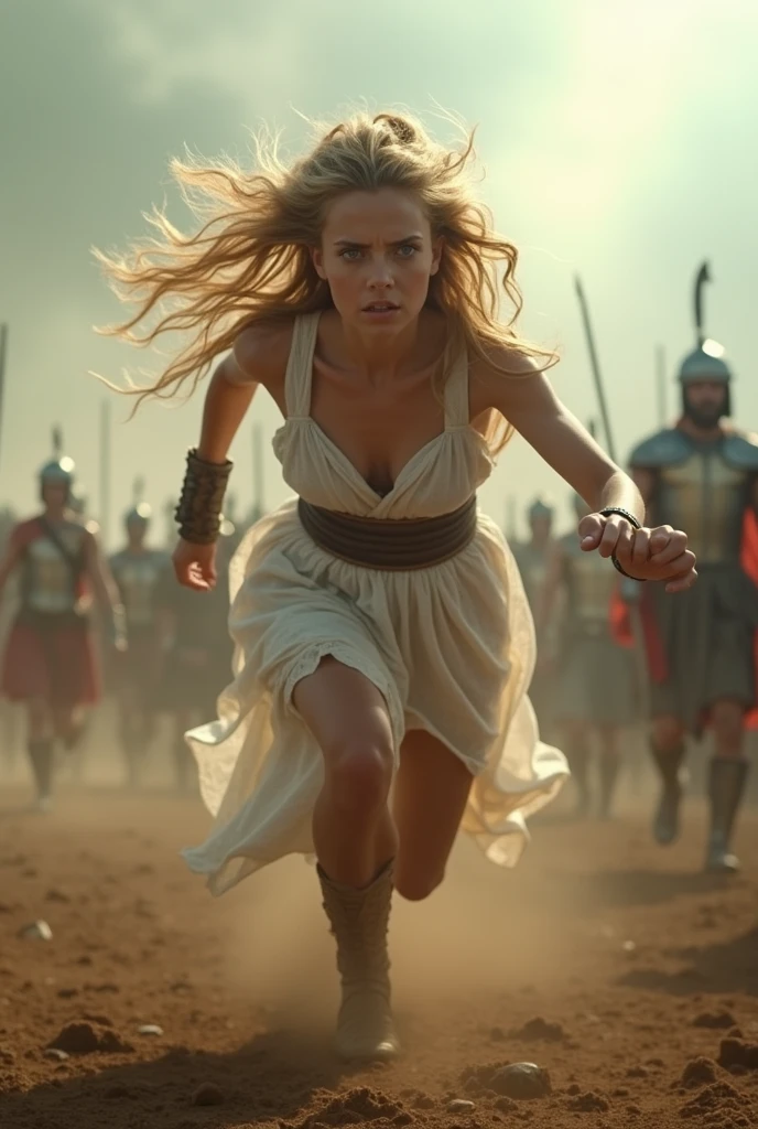 She jumped up to give the last blow to the enemy and rose into the air with her sword, time stopped as she was about to stab her sword, a girl with a very beautiful face, Roman soldier, 20 years old, blue eyes, blond long and windblown hair, looking very sternly at the camera, wearing a slightly transparent white battle dress, bare chest, background battlefield, foggy, smoky, sunlight, ultra realistic, picture taken with sony iv6700 lens cinematic lens