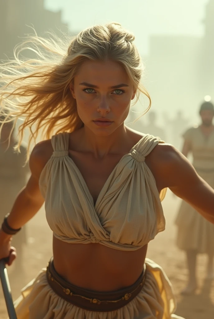 She jumped up to give the last blow to the enemy and rose into the air with her sword, time stopped as she was about to stab her sword, a girl with a very beautiful face, Roman soldier, 20 years old, blue eyes, blond long and windblown hair, looking very sternly at the camera, wearing a slightly transparent white battle dress, bare chest, background battlefield, foggy, smoky, sunlight, ultra realistic, picture taken with sony iv6700 lens cinematic lens
