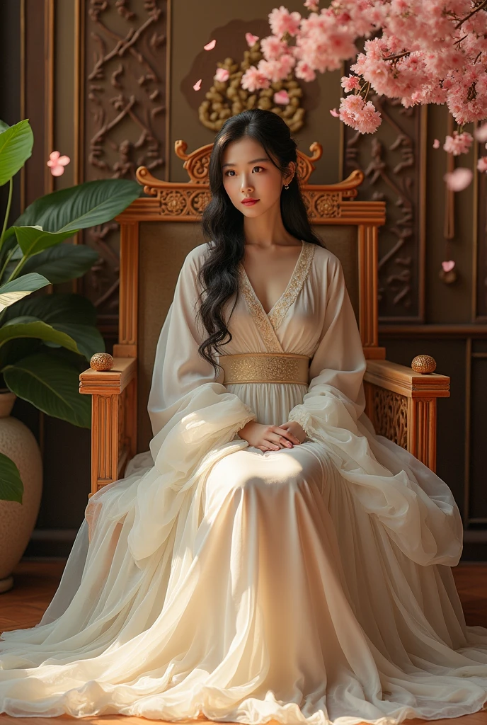 Chinese woman in white dress on her throne covering her breasts
