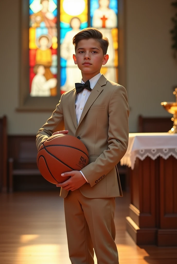 Sketch of a teenage boy in beige suit receiving communion, with basketball ball.
