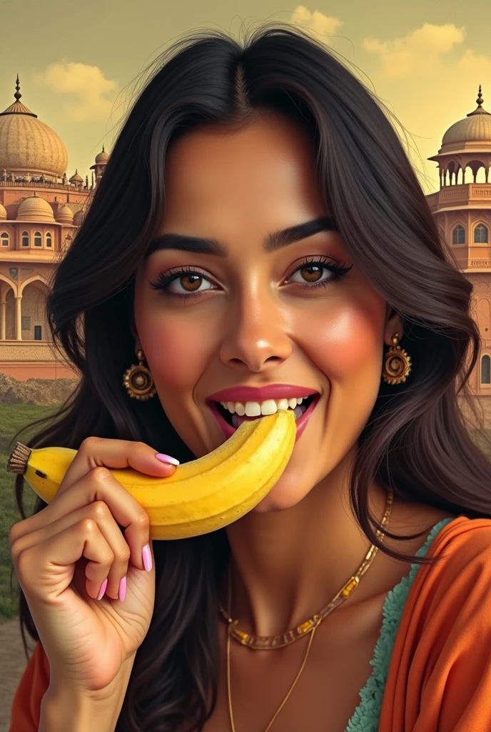 A beautiful Indian woman in her 30s、Looking straight ahead、With an erotic and ecstatic look、Looks delicious、Eating a peeled banana with his mouth wide open。Background、Famous tourist spots in India please。There are five fingers on one hand。9:In 16 sizes、Highest quality、A masterpiece please。