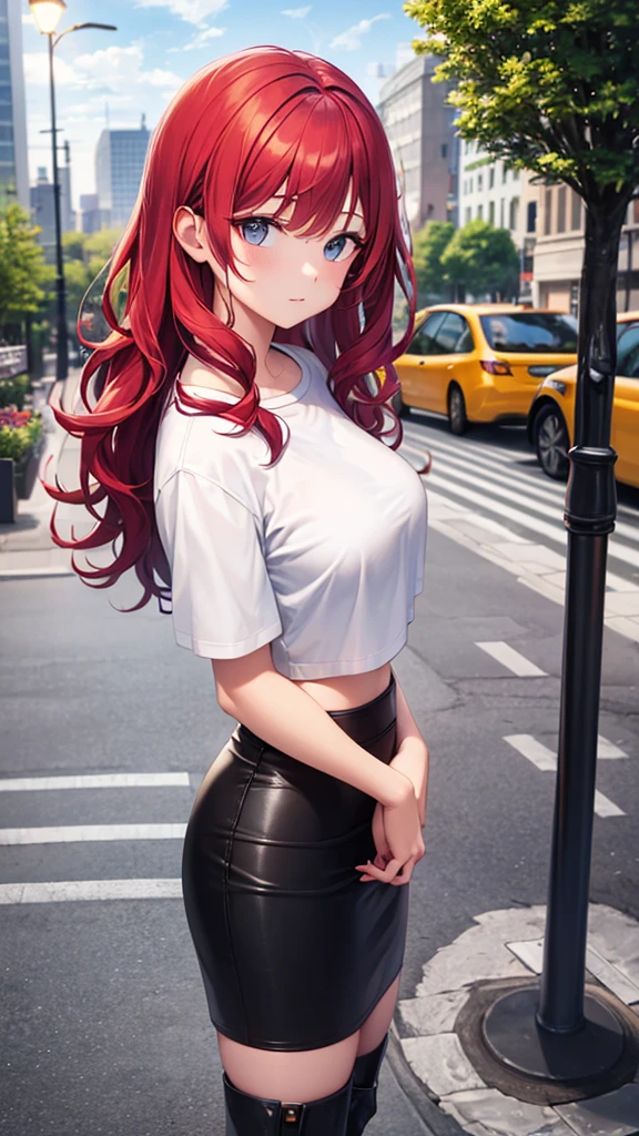 masterpiece, best quality, highres, high detail, beautiful woman, wavy hair, red hair, white cropped t-shirt, leather jacket, black midi pencil skirt, boots, looking at viewer, spring garden, cloudy sky, city, city street, sidewalk, street lamp, park, trees,