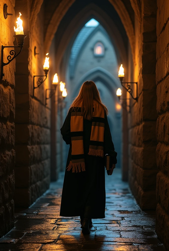 a student at Hogwarts school in the Hufflepuff house,  in the school corridors at night