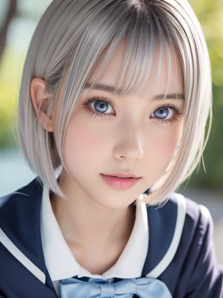 A pretty girl, beautiful detailed eyes, beautiful detailed lips, extremely detailed eyes and face, long eyelashes, elegant, graceful pose, serene expression, soft natural lighting, highly detailed, 8k, photorealistic, cinematic lighting, intricate details, masterpiece,Highres fix,Portrait,(School uniforms:1.5),Bright expression,Younger,brighter, whiter skin,Gloss Face,Cheek gloss,Best Looks,(Platinum silver short hair:1.25),Shiny bright hair,silky hair,charming big clear blue eyes,dorropy eyes,cutei eyes,Very beautiful,lovely girl,cute girl,perfect breasts