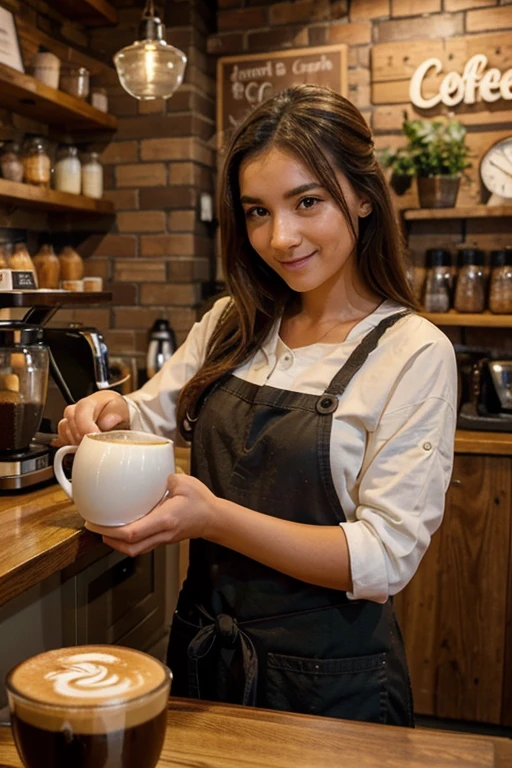 A young woman in his mid-20s stands behind a coffee counter in a cozy, modern coffee shop. She’s wearing an apron over a casual shirt, with a name tag visible. She’s in the process of preparing a coffee drink, with a focused but friendly expression as he pours steamed milk into a cup. The shop has warm lighting, wooden tables, and shelves lined with coffee beans and mugs, creating a welcoming atmosphere. Customers can be seen in the background, chatting and enjoying their drinks.