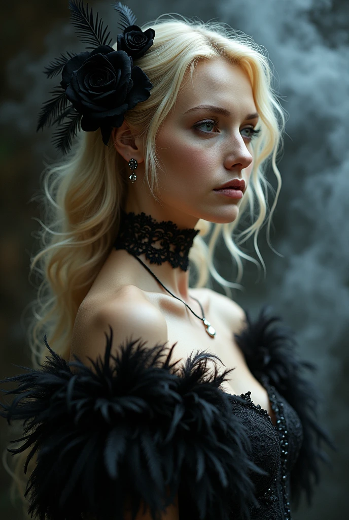 blond woman with black feathers and a flower in her hair, y and nudand a shaved e,wearing gothic accessories, gothic princess portrait, gothic harts, an elegant gothic princess, dreamy and ethereal and dark, gothic regal, magic and steam - punk inspired, gothic and baroque, inspired by Albert Edelfelt, inspired by Alexandre Cabanel, inspired by Horst Antes, black roses in hair