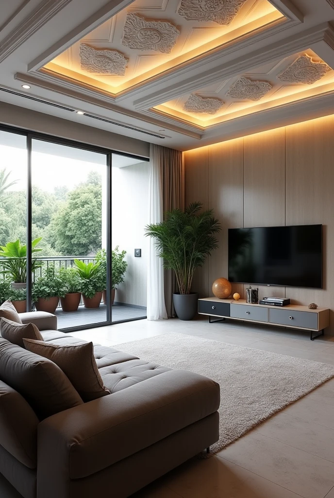 (photorealism:1.2), modern living room, large window door with balcony, luxury sofa, Tv , plants, gypsum celing, warm white lights