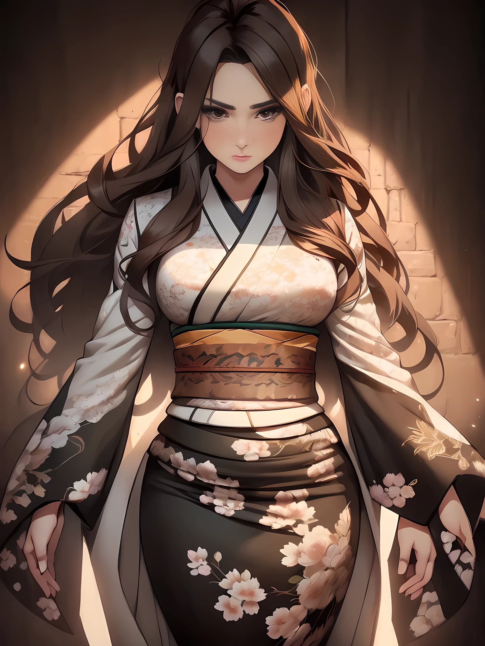 (Caucasian woman, female, dark brown hair, pale skin, brown eyes, solo portrait, natural breasts) green kimono, long flowing kimono, green clothing full body, smiling, standing inside, good lighting, daytime, ( inside of a castle, medieval serting, stone walls), ((masterpiece, best quality)), art by greg rutkowski,  (detailed Bonifasko lighting), (detailed face), (detailed skin), BREAK, (( flowing hair)), ((facing viewer)), (cinematic lighting), ((detailed background)), ((full body portrait view)), (((full body view))), (half body shadow), [backlighting], [crepuscular ray], [detailed ambient light], [gray natural lighting], [ambient light on the belly], [sharp focus], (questionable content), (shaded), ((masterpiece)), Commission for High Res,Sakimichan beautiful, masterpiece, natural breasts, medium breasts, best quality, detailed image, bright colors, detailed face, perfect lighting, perfect shadows, perfect eyes, girl focus, brown eyes, flawless face, face focus, gaze at the viewer, half-closed eyes, 1girl, solo, full body, (masterpiece:1.21), (best quality:1.2), (illustration:1.2), (cinematic lighting:1.3), detailed skin, balanced coloring, global illumination, ray tracing, good lighting, ((brown hair, green kimono))