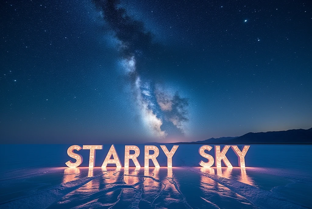 The words "Starry Sky" written in large letters at the bottom of the screen, ((masterpiece, highest quality, Highest image quality, High resolution, photorealistic, Raw photo, 8K)), ((Extremely detailed CG unified 8k wallpaper)), The starry sky reflected in the Uyuni Salt Flats,