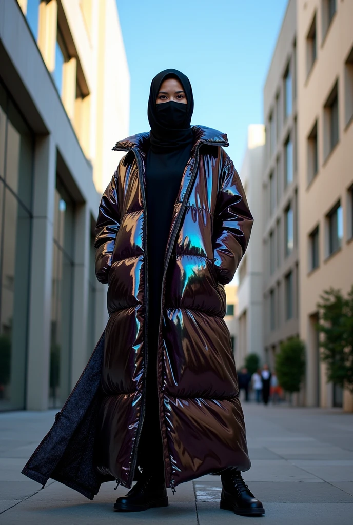 beautiful 30 year old hot girl.
She wears a very shiny plastic hijab on her head.
with a very shiny black plastic mask on his face.
wearing a long shiny plastic puffer jacket.
she wears a long traditional Arabic Caftan dress made of very shiny plastic.