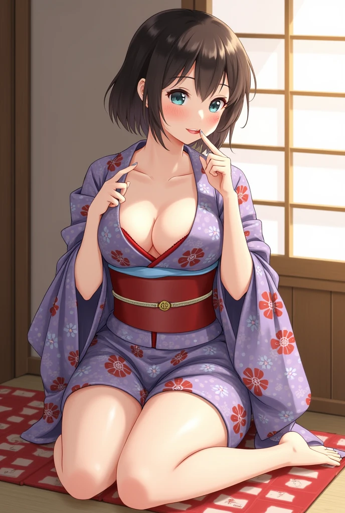 ((blush, (round face), eyes with realistic sizing, drooping eyes, shame smile, tongue)), (straddling to hit her pubic against the (corner edge of the Japanese low square table for masturbation), ecstasy), open mouth, open legs, Japanese traditional kimono, pubic hair, angle from side,