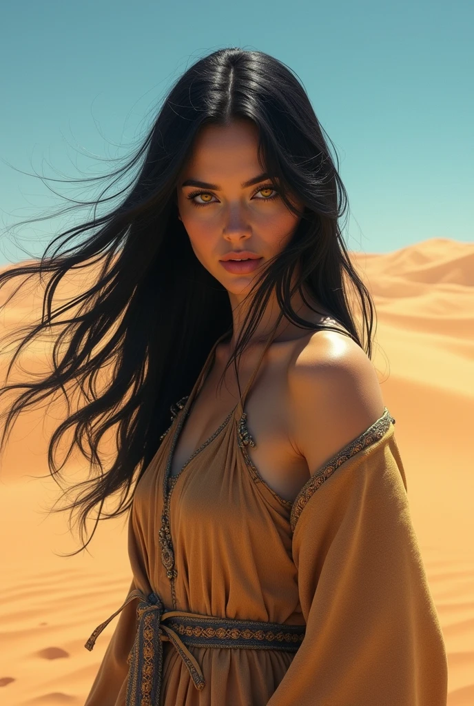 Beautiful woman with black hair and yellow eyes wears a robe that covers her head, is in the desert ,Realistic digital art Only the face is visible
