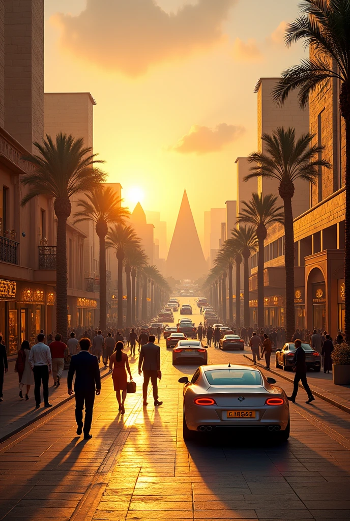 Create a mix of an ancient Egyptian city with modern 21st century features such as luxury shops, luxury cars, people on the street, and the banks of the Nile River.