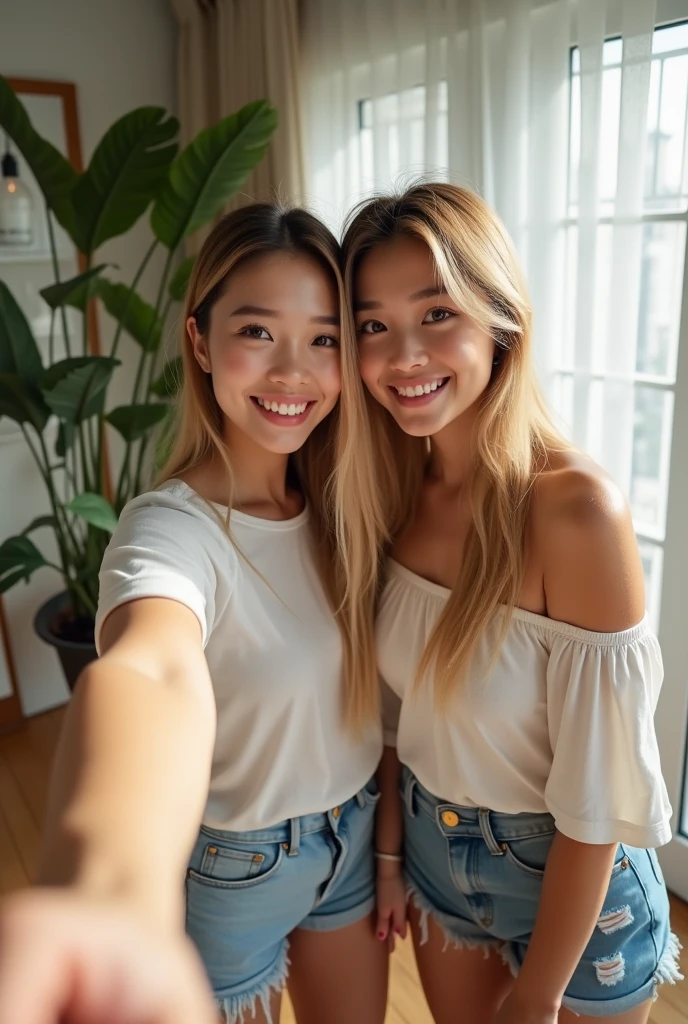 Beautiful Asian Woman, Long, straight blonde hair, big breast, big breasts , big , Big Breasts, big chest,double eyelid, Beautiful Face, High resolution, Realistic details, wearing a sexy off shoulder big loose t-shirt, Shorts,Selfie, inside her big apartment home, Selfie with her best friend, girlfriend, friend, Selfie