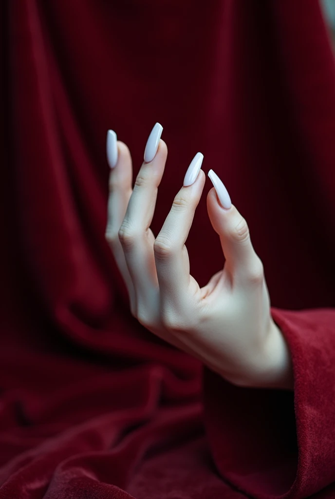 create a white hand with big nails in the ballerina style with the velvet cloth background