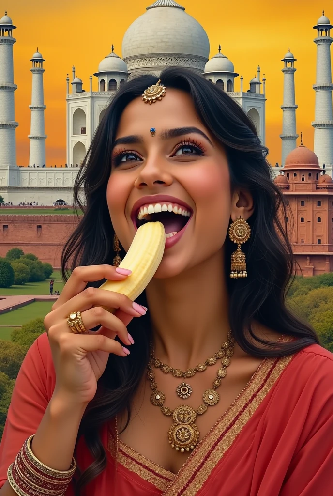 A beautiful Indian woman in her 30s、Looking straight ahead、With an erotic and ecstatic look、Looks delicious、Eating a peeled banana with his mouth wide open。Background、Famous tourist spots in India please。There are five fingers on one hand。9:In 16 sizes、Highest quality、A masterpiece please。