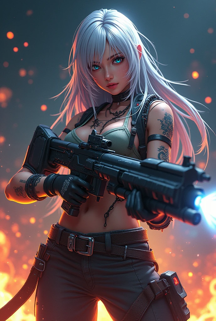 Lumine, Genshin Impact, wearing blue jeans, lingerie top, hot makeup, sitting on a rock, holding a rifle, cinematic, HD, high quality, highly detailed, anime