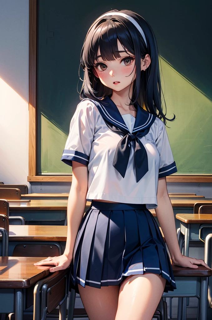 独奏、Portraiture、bust shot、NSFW、Anatomically correct、(Beautiful breasts、Sailor suit summer uniform、Short sleeve white shirt、Crimson Thailand)、(Navy blue micro mini skirt、Dark Blue Micro Mini Pleated Skirt、Beautiful thighs)、(Black long hair、Black straight long hair、White hair band)、high school girl、classroom