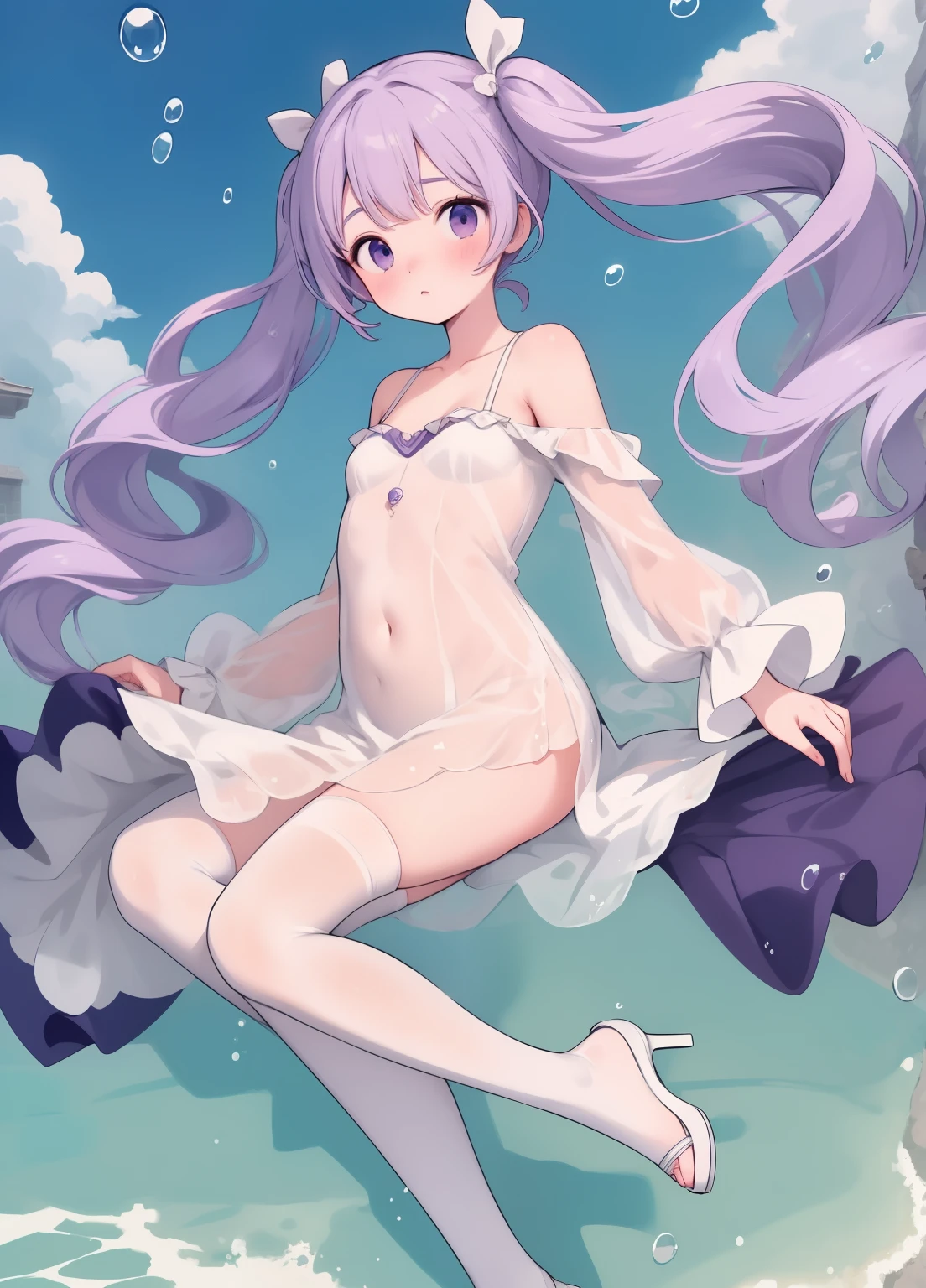 (masterpiece、Highest quality、Highest quality、Official Art、Beautiful and beautiful:1.2)、(One person:1.3)Hatsune Miku、Twin tails,Beautiful breasts, Katsushika Hokusai,Highest quality, masterpiece, In the water, floating, sunlight, bubble, whole body, One person, alone, (small:1.2), Light purple hair, Long Hair, floating hair, Purple eyes, Medium chest, White Dress, See through, Off the shoulder, Wet clothes, Removable sleeves, Cleavage cutout, White knee socks, White stiletto heels,