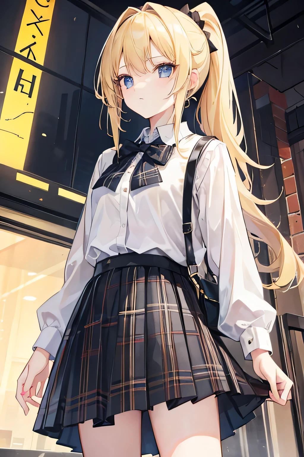 Girl,Blonde,ponytail,Black,Plaid,skirt,Town