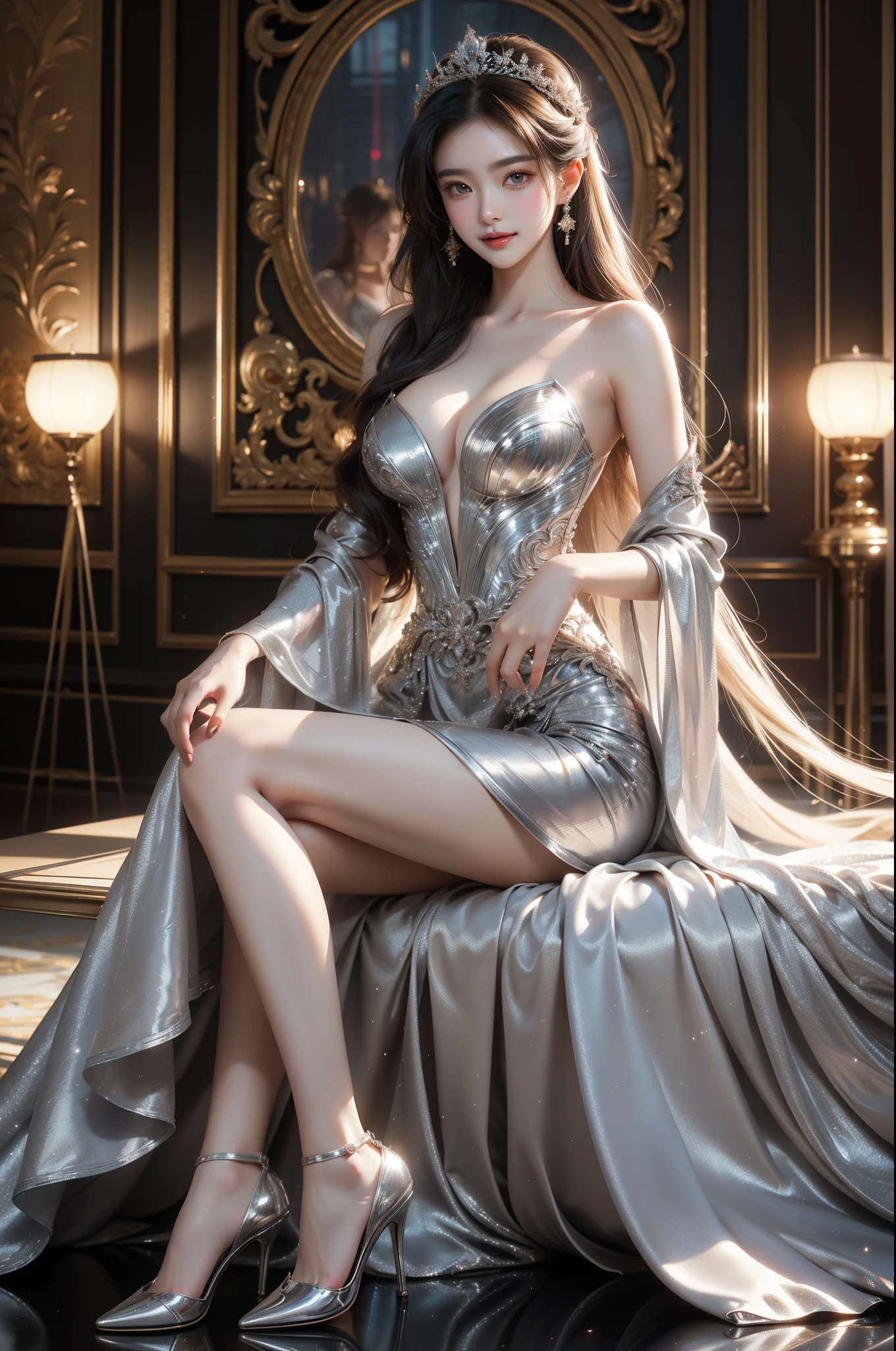 wrenchsilverserenade, gown
silver \(metals\) dress a beautiful and charming woman, in an elegant pose, her full breasts on display.,Visible cleavage,Sexy long legs,The skirt is short, Variety of slim and cute beauties, Her long hair cascades down her shoulders like a waterfall。She smiles radiantly,Eyes sparkle,Her skin is flawless。Her curves are highlighted。Sparkle in the light,The colors are soft,One hand on hip,Her posture is both graceful and strong。She wears elegant high heels,Goes well with her outfit。In the warm golden sun。The overall atmosphere of the image is tranquil and uplifting,Emphasizing natural beauty and elegance, Studio Lighting,Bright colors, Sweet maiden, sweet smile, make up,shy,Blush,Parted lips,Heavy breathing,moan,Surrealism,Realism,Movie Lighting,Relief,Sony FE GM,Retina,masterpiece,precise,Anatomically correct,Textured Skin,Super Detail,High Detail,best quality,rich and colorful