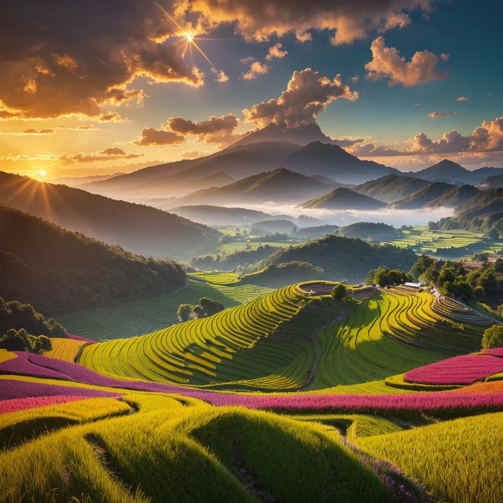 Summer rice field, Beautiful and colorful sunrise, Cinema Lighting, Spectacular landscapes, Dramatic atmosphere, Morning light, Very detailed, Realistic, 8k, masterpiece, Nice views, moody and Atmospheric, Vibrant colors, Natural Beauty, Calm and peaceful, Magnificent and majestic, Picturesque, Nice views, Awe-inspiring, Atmospheric, Dramatic lighting, Vast panorama, Vast and vast々And, Epic scale, Ultra-realistic, Wide-angle, Structure of the film, Realistic Textures, Intricate details, Beautiful sky, Shining Sun, Mysterious feeling