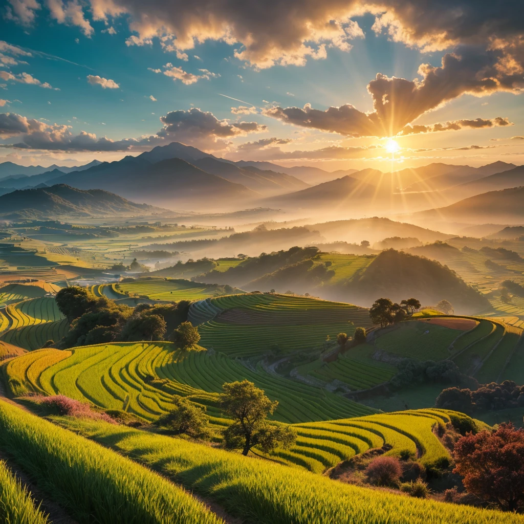 Summer rice field, Beautiful and colorful sunrise, Cinema Lighting, Spectacular landscapes, Dramatic atmosphere, Morning light, Very detailed, Realistic, 8k, masterpiece, Nice views, moody and Atmospheric, Vibrant colors, Natural Beauty, Calm and peaceful, Magnificent and majestic, Picturesque, Nice views, Awe-inspiring, Atmospheric, Dramatic lighting, Vast panorama, Vast and vast々And, Epic scale, Ultra-realistic, Wide-angle, Structure of the film, Realistic Textures, Intricate details, Beautiful sky, Shining Sun, Mysterious feeling