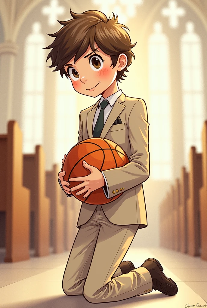 Sketch of a teenage boy in beige suit receiving communion, with basketball ball. Pencil caricature