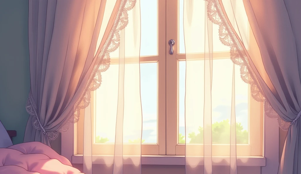 Close-up of the exterior of a curtained bedroom window。 Looks like an anime