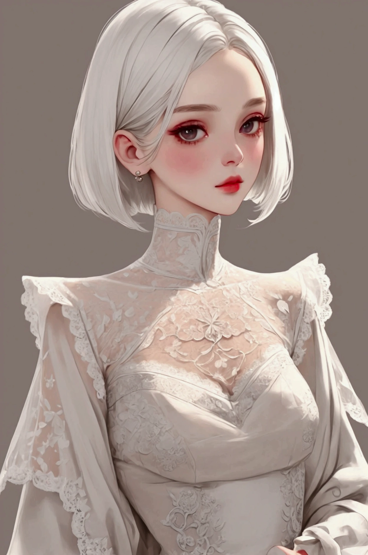 Highest quality、Very detailed、White bob hair girl、Wrapped in delicate and detailed lace fabric、Velvet Texture、Beautiful lace、Delicate、Very detailed
