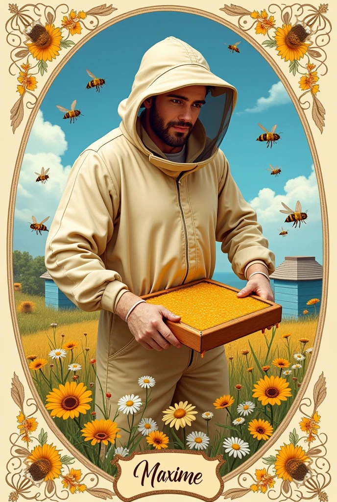 I would like labels to put on the honey jars with Maxime beekeeper MJC Trégunc, with a bee and blue hives
