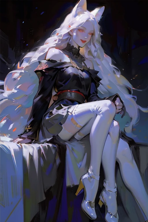 ((ultra realistic illustration:1.3)), (full body:1.3),(black clothing), Cute 18 yo (albino:1.4)woman of Slavic descent.(short:1.1), , long white hair, gray eyes, ((very pale:1.4)). Innocent look. Gentle spirit.(virgin), (joy:1.2),(smile:1.3). (Playful:1.2). Mascara, eyeglasses, necklace, jacket, blouse, ruffle dress, (black pantyhose), high heels. Masterpiece, (highly detailed:1.2),(detailed face and eyes:1.2), 8k wallpaper, natural lighting. core shadows, high contrast, bokeh. White skin, (Fox ears), looking at viewer, doe eyes, Exquisite eyes,Red Eyeshadow, Red lips,cute laugh, Ukiyo-e, masterpiece, high quality, at the lowest limit, Tiny,White boots,Huge breasts,Bare shoulders,,Lace,Lace stockings,Lace skirt