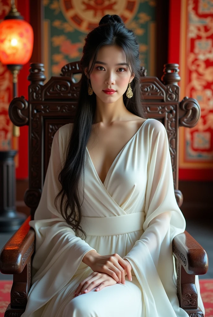 Chinese woman in white dress without showing her breasts on her throne 
