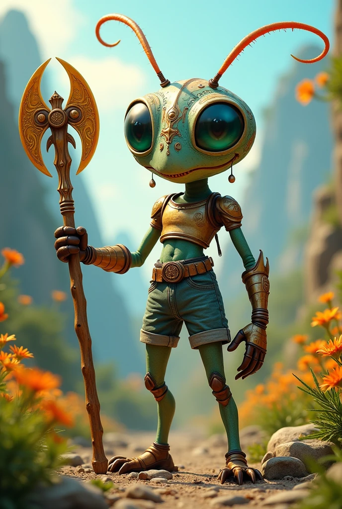 full body display、There is one person、Transform the human world、His hand is a large sickle、Big eyes、Cute face、Shoot cut、The hands are like a praying mantis、Shorts、T-Shirts、Wearing armor、