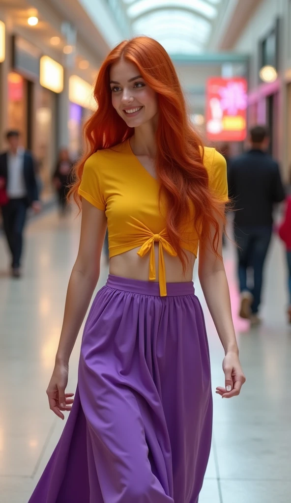 A beautiful long-haired redhead in a purple skirt and a yellow top 21 tied at the back. She has light eyes, a seductive mouth, big, pointy breasts, a flat stomach, thick, long legs, a round, perky butt, and a body that has been worked out at the gym. Her hair has volume and is long and long. She walks around the mall.