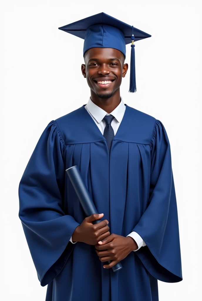 best qualityer:1.4), (ultra high resolution:1.2), (photorrealistic:1.4), (8k, CRU photo:1.2), a thin young man of 20 years old, skin black, with a smooth, beardless face, corte de cabelo buzzcurt. He is wearing a blue graduation gown.. He&#39;s wearing a blue cap. He has a navy blue diploma in his hand. He is in a white background