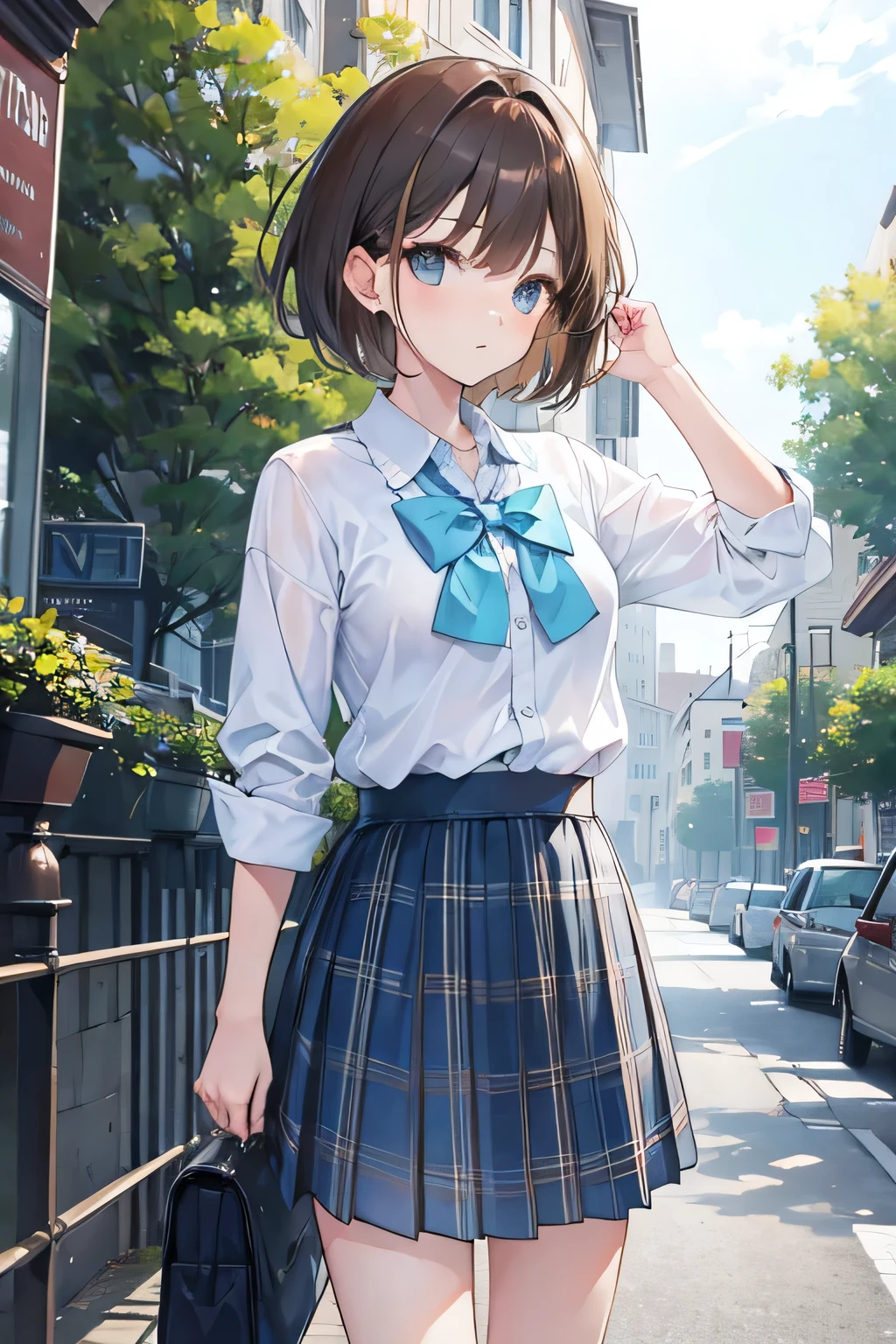 Girl,Brown Hair,short hair,light blue,Plaid,skirt,Town