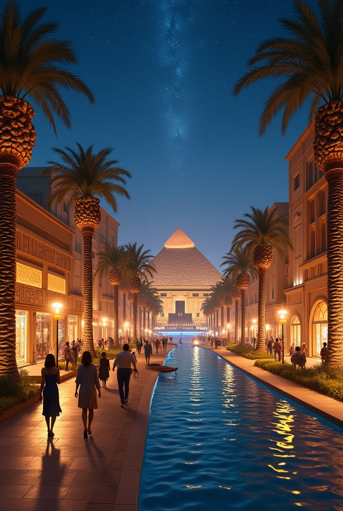 Create a mix of an ancient Egyptian city with modern 21st century features such as luxury shops, luxury cars, people on the street, on the banks of the Nile River, showing the Nile River illuminated at night.