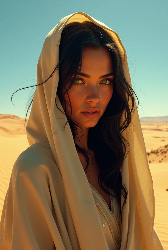 Beautiful woman with black hair and yellow eyes wears a robe that covers her head, is in the desert ,Realistic digital art Only the face is visible, dune movie style