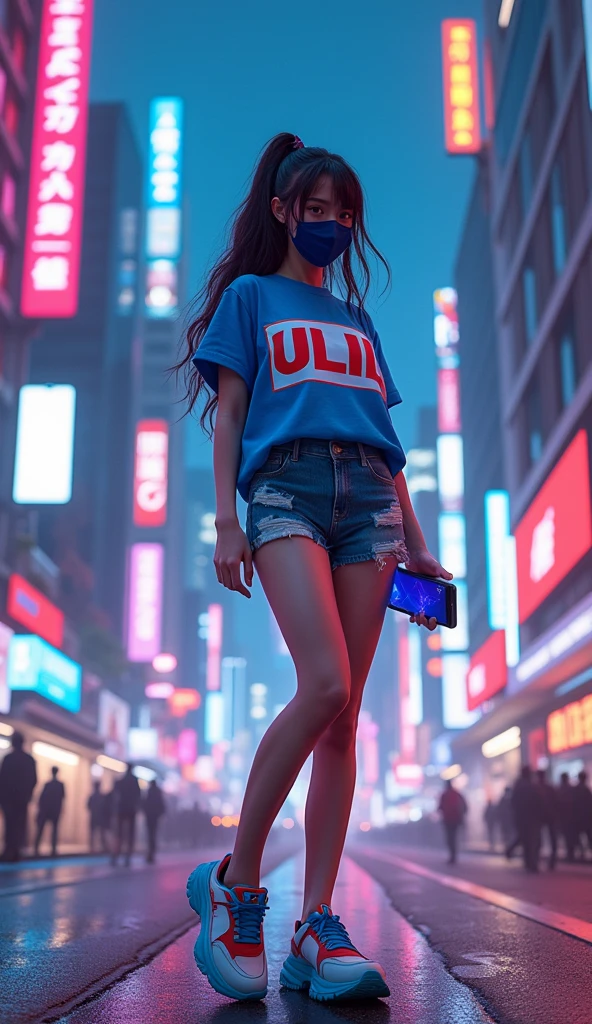 Make a 3D character image with a female gender and has long hair and wears a mask on her face and wears a blue and white shirt with a shirt that says ULIL and wears shorts and wears high-tech shoes and a metropolis background and holds a cellphone in her hand.